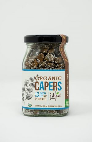 Capers in sea salt, carefully packed and sustainably harvested by Ishka Farms.