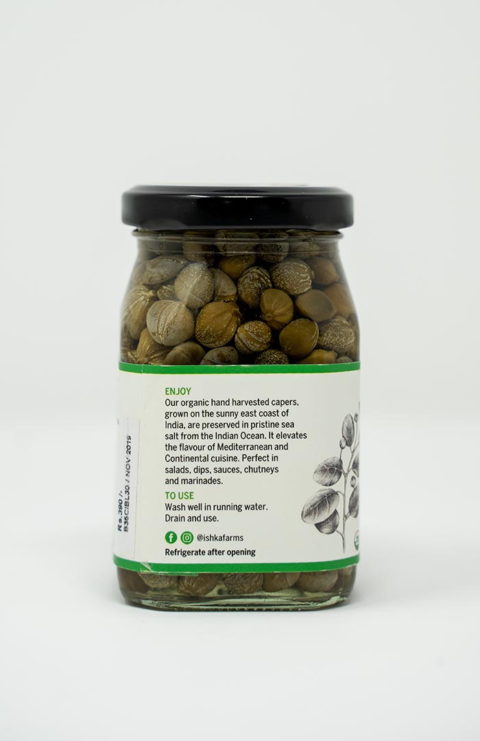 Organic capers in brine, freshly packed and sustainably harvested by Ishka Farms