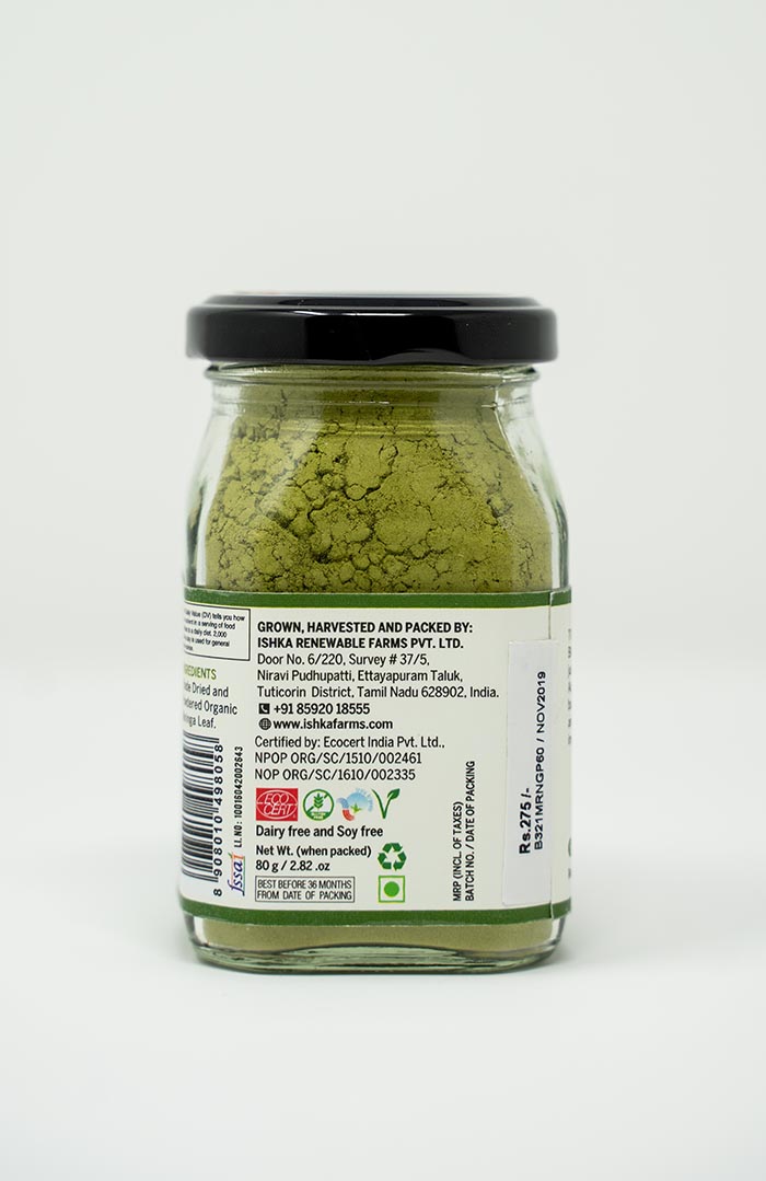 Organic moringa leaf powder in a bowl from Ishka Farms