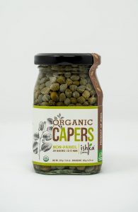 Small glass bottles of organically preserved non-pareil capers from Ishka Farms