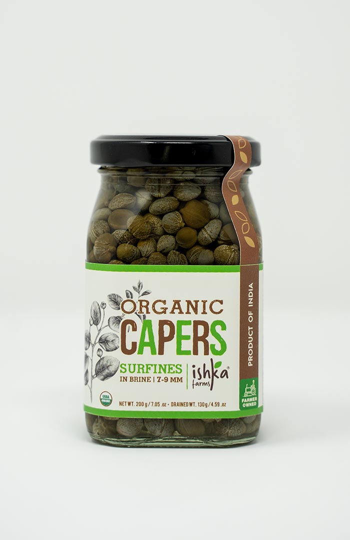 Organic capers in brine, sustainably harvested and packed by Ishka Farms