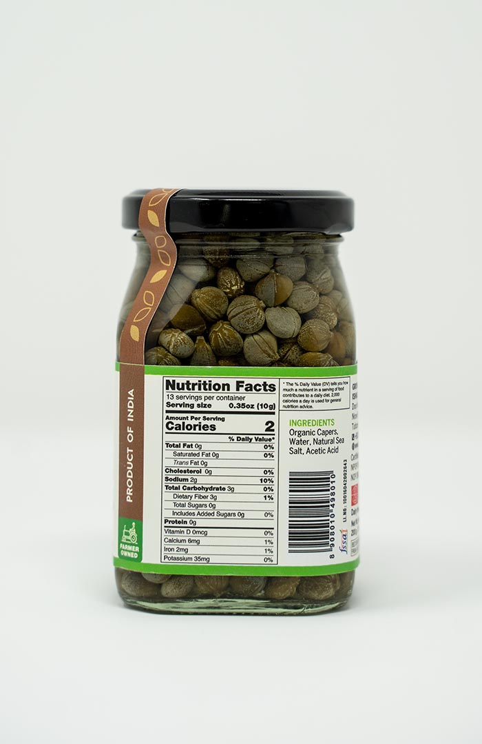Organic capers in brine, sustainably harvested and packed by Ishka Farms