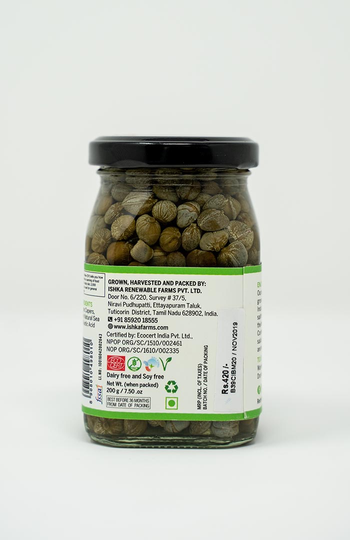 Organic capers in brine, sustainably harvested and packed by Ishka Farms