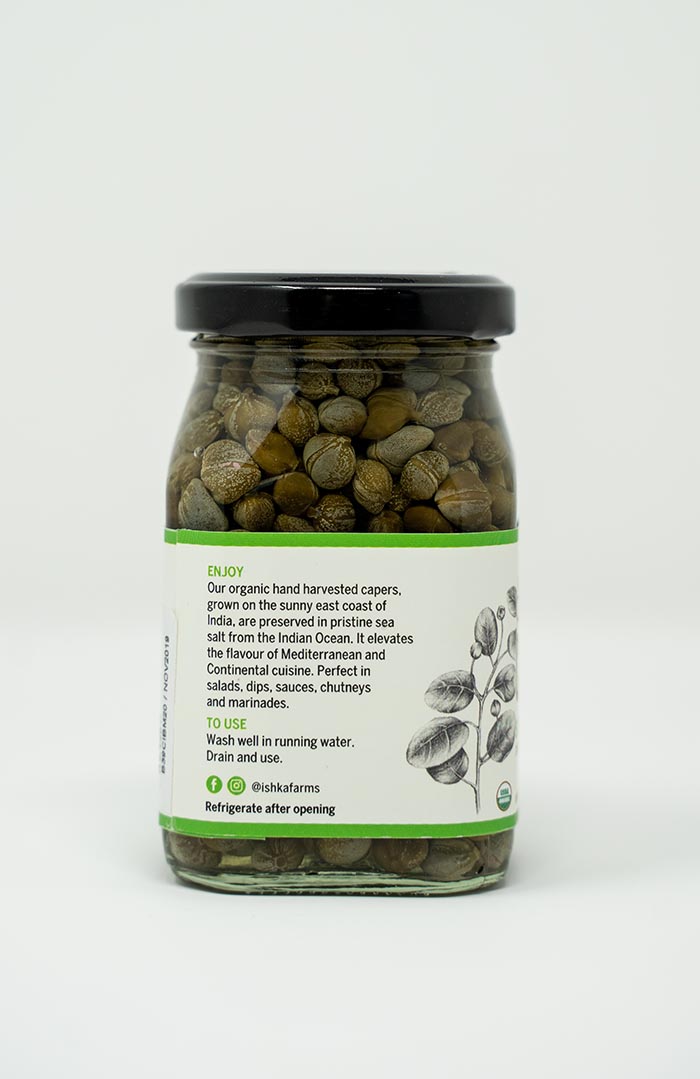 Organic capers in brine, sustainably harvested and packed by Ishka Farms