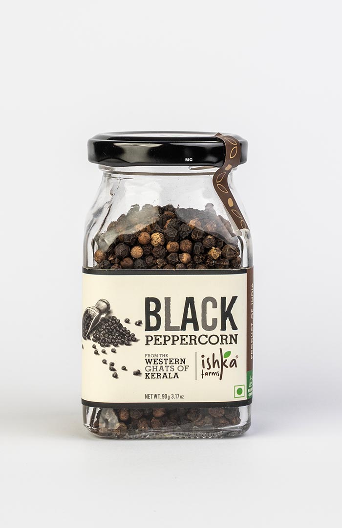 black-peppercorn-small-1 Small glass jar of organically grown black peppercorns from Ishka Farms