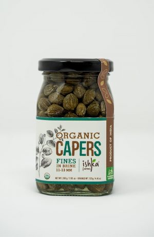 Organic capers in brine, freshly packed and sustainably harvested by Ishka Farms
