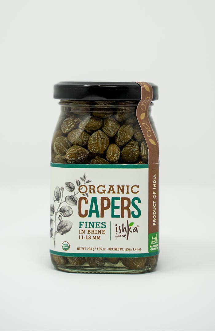 Organic capers in brine, freshly packed and sustainably harvested by Ishka Farms