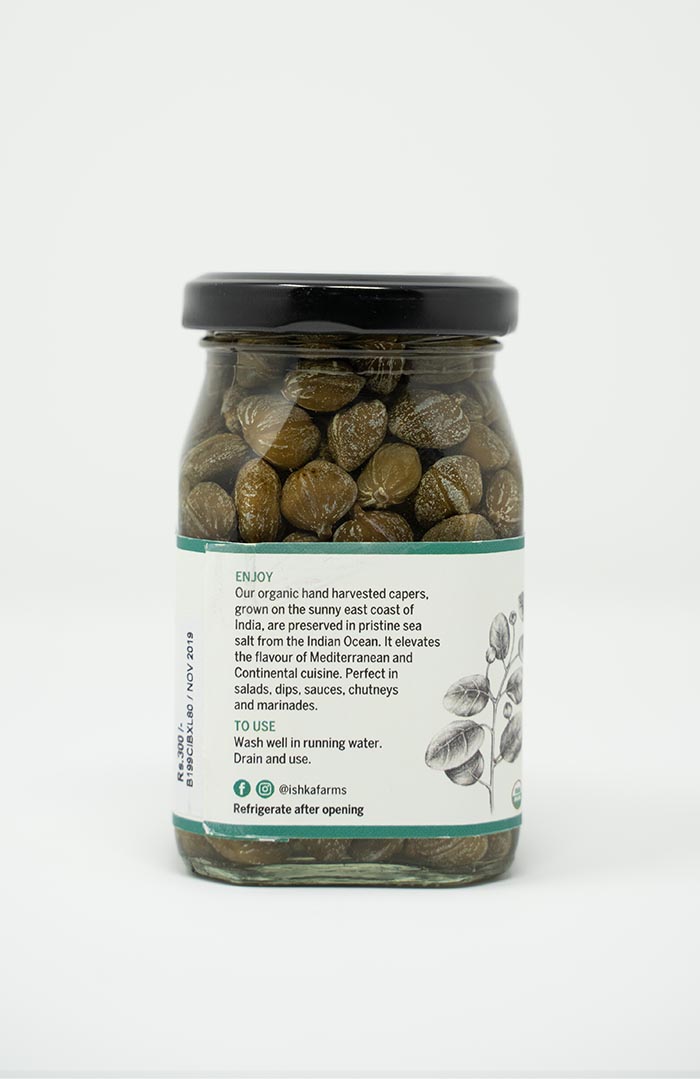 Organic capers in brine, freshly packed and sustainably harvested by Ishka Farms