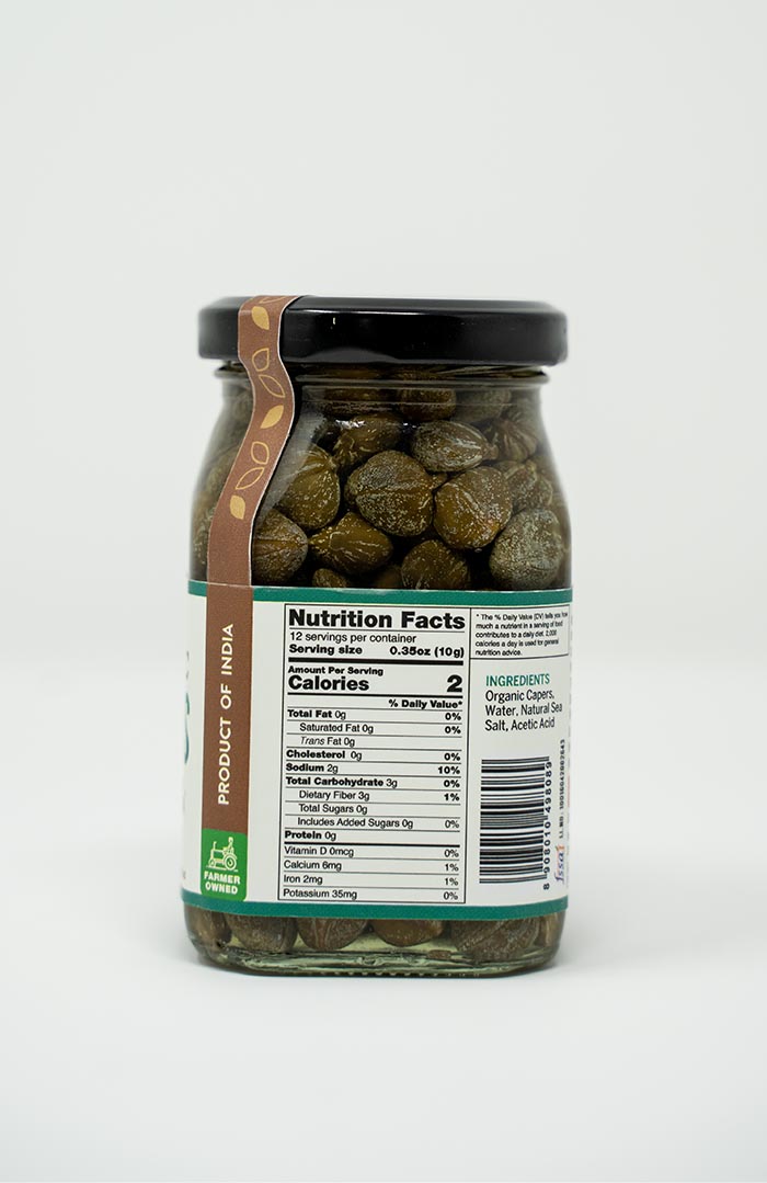 Organic capers in brine, freshly packed and sustainably harvested by Ishka Farms