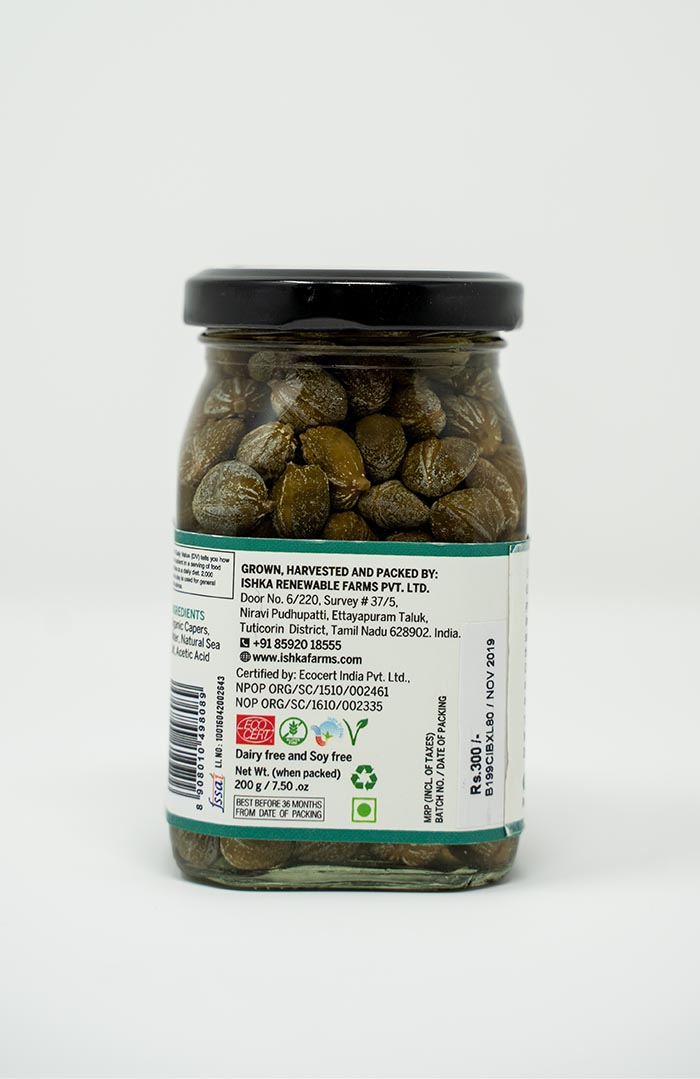 Organic capers in brine, freshly packed and sustainably harvested by Ishka Farms