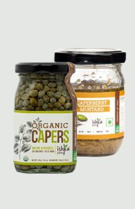 Ishka Farms non-pareille capers in brine with caperberry mustard jars